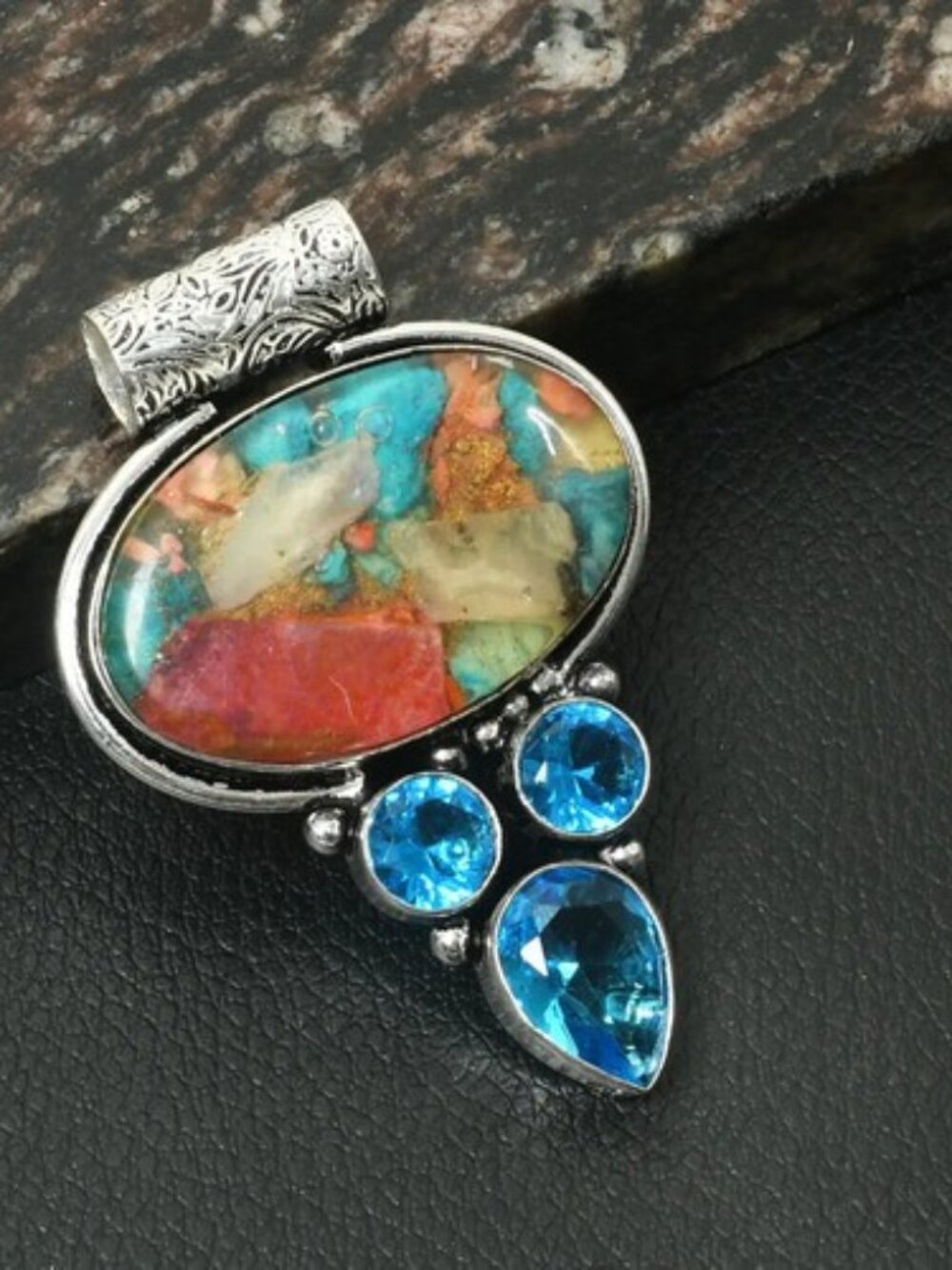 Oyster Turquoise Blue Topaz Gemstone Sterling Silver Pendant